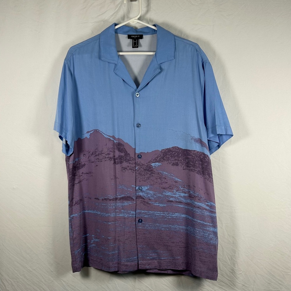 Forever 21 Button Up Men Medium Blue Mountain Landscape Camp Shirt